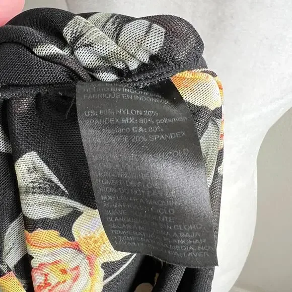 White House Black Market Black Floral Ruched Side Top Women's L Sheer Mesh Layer - Picture 8 of 8